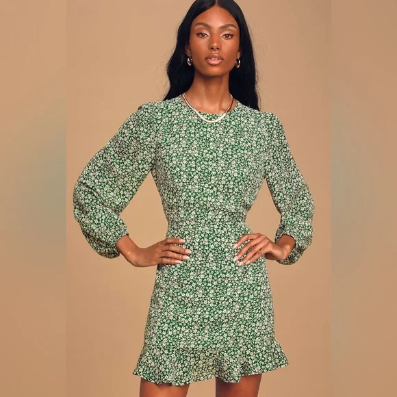 Lulus Blooming Darlin' Green Floral Print Ruffled Mini Dress NWOT - Picture 3 of 9